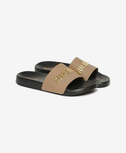 Women's Vegan Logo Pool Sliders Brown / Black/Fossil Brown/Metallic Gold - Size: 5-6 - Superdry - Modalova