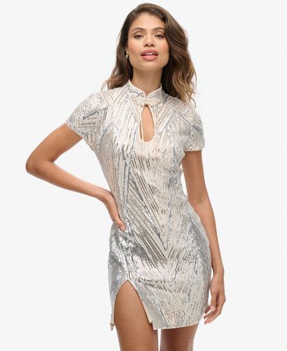 Women's Mandarin Sequin Mini Dress Silver / Silver Deco Sequin - Size: 14 - Superdry - Modalova