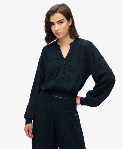 Women's Long Sleeve Lace Trim Smocked Blouse Navy / Eclipse Navy - Size: 10 - Superdry - Modalova