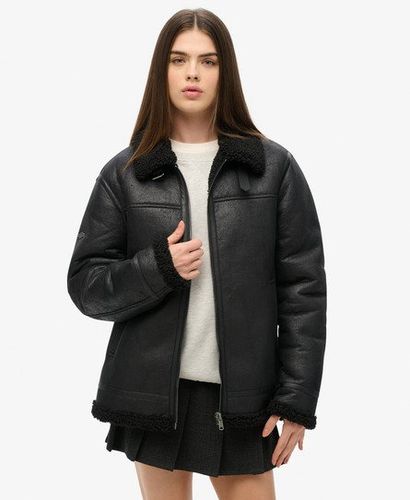 Women's Oversized Faux Shearling Aviator Jacket Black - Size: L - Superdry - Modalova