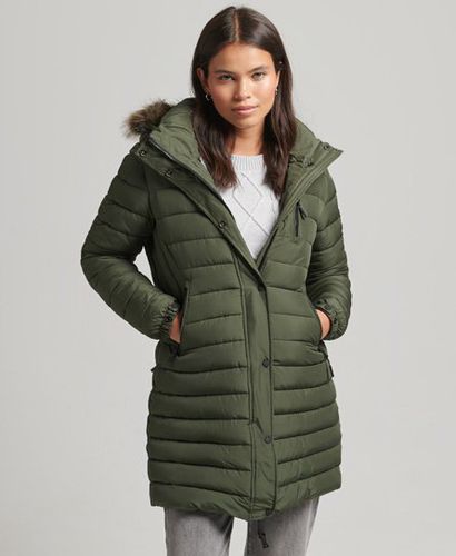 Women's Faux Fur Hooded Mid Length Puffer Jacket Khaki / Dark Moss - Size: 8 - Superdry - Modalova