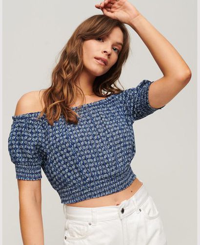 Women's Smocked Short Sleeve Crop Top Blue / Mini Geo Blue - Size: 14 - Superdry - Modalova