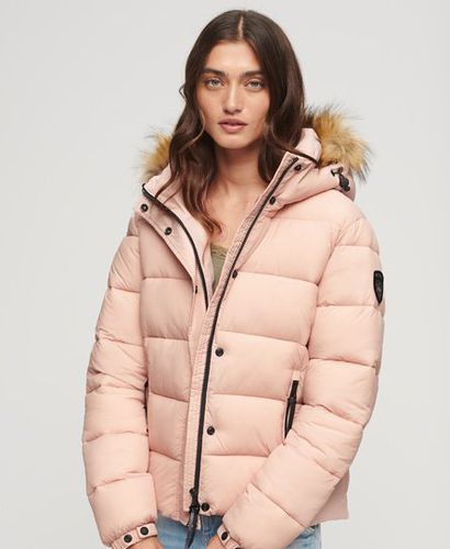 Women's Faux Fur Short Hooded Puffer Jacket / Blush - Size: 10 - Superdry - Modalova