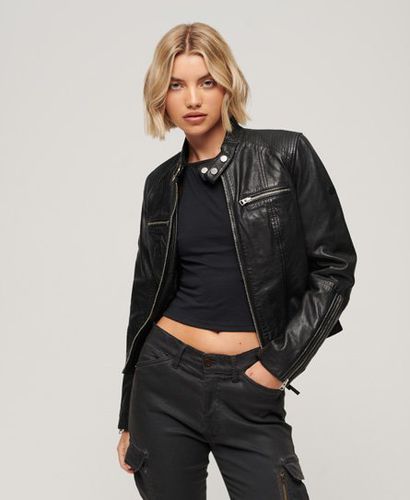 Women's Fitted Leather Racer Jacket Black - Size: 10 - Superdry - Modalova