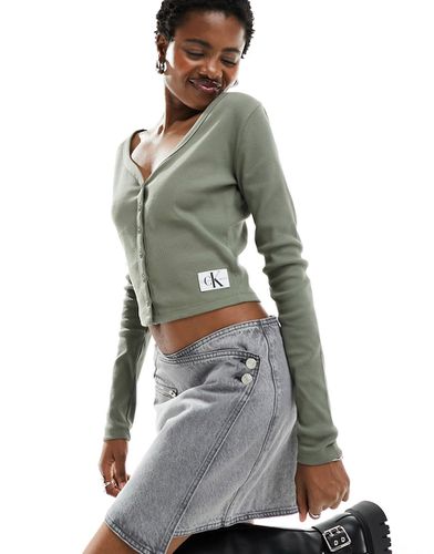 Cardigan a maniche lunghe oliva a coste con etichetta cucita - Calvin Klein Jeans - Modalova