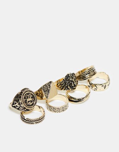 Confezione da 8 anelli con sigillo e a fascia color oro brunito - ASOS DESIGN - Modalova