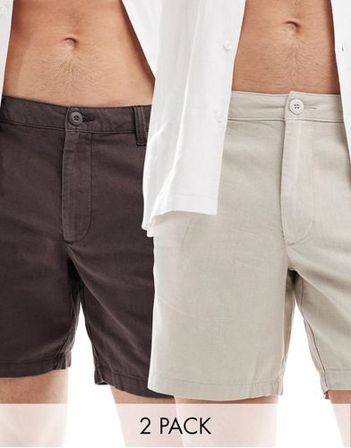 Confezione da 2 paia di pantaloncini slim taglio medio in lino marrone e pietra con vita non regolabile - ASOS DESIGN - Modalova