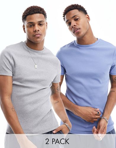 Confezione da 2 T-shirt attillate a coste color grigio mélange e blu - ASOS DESIGN - Modalova