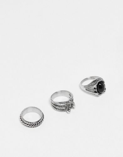 Confezione da 3 anelli in acciaio inossidabile resistente all'acqua argentati con pietra nera - ASOS DESIGN - Modalova