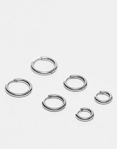 Confezione da 3 paia di orecchini a cerchio da 9 mm, 12mm e 14mm in acciaio inossidabile argentato resistente all'acqua - ASOS DESIGN - Modalova