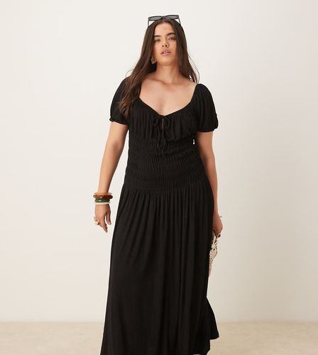 ASOS DESIGN Curve - Robe mi-longue froissée tendance folk à taille froncée et manches bouffantes - Noir - Asos Curve - Modalova