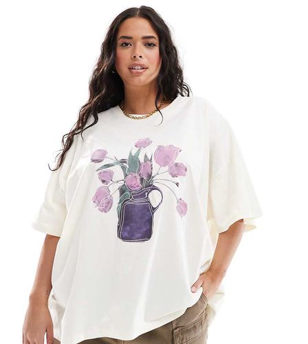 ASOS DESIGN Curve - T-shirt oversize bianca con grafica di tulipani ricamati - ASOS Curve - Modalova