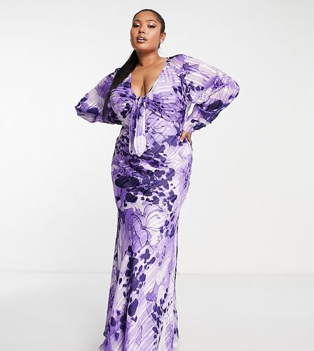 ASOS DESIGN Curve - Vestito lungo con scollo profondo viola con stampa a fiori e laccio sul davanti - ASOS Curve - Modalova