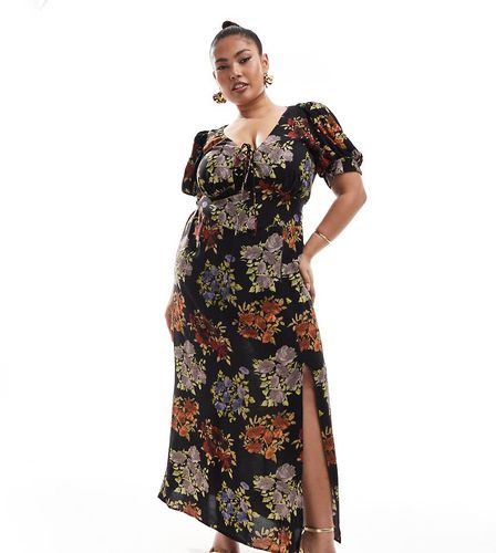 ASOS DESIGN Curve - Vestito midi con maniche a sbuffo e laccetti nero a fiori vintage - ASOS Curve - Modalova