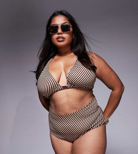 ASOS DESIGN Curve - Vivienne - Bas de bikini rayé à taille haute - Chocolat - Asos Curve - Modalova