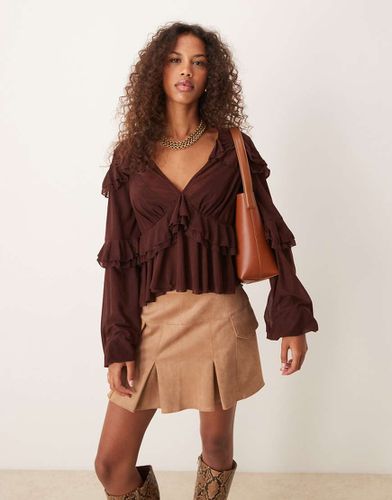 Blusa color cioccolato in rete con volant e scollo profondo - ASOS DESIGN - Modalova