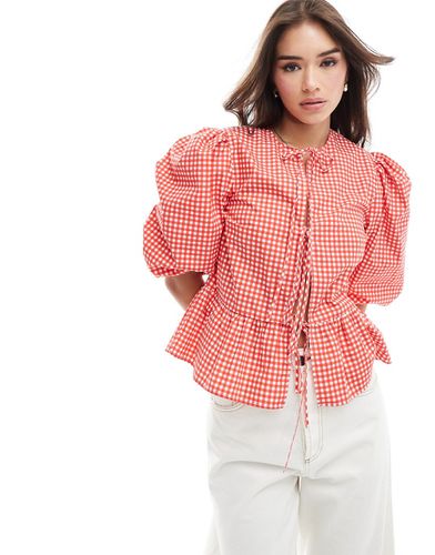 Blusa peplo in popeline di cotone rosso a quadretti con lacci sul davanti - ASOS DESIGN - Modalova