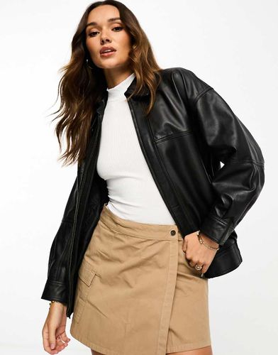 Giacca bomber premium in vera pelle nera con colletto - ASOS DESIGN - Modalova