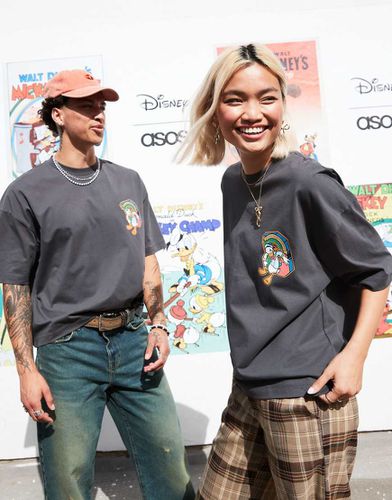 Disney - T-shirt unisex squadrata oversize nero slavato con stampa sul petto di Paperino - ASOS DESIGN - Modalova