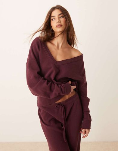 Felpa oversize in tessuto a nido d'ape bordeaux con scollo a V in coordinato - ASOS DESIGN - Modalova