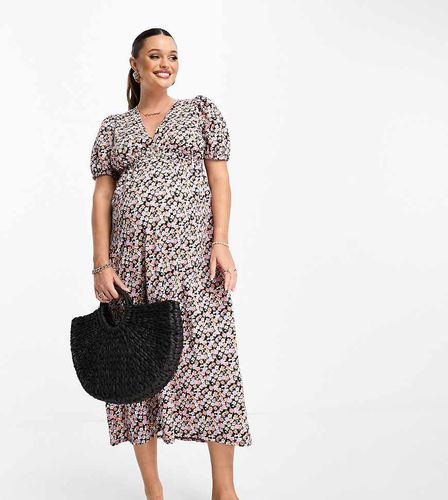 ASOS DESIGN Maternity - Vestito midi da giorno arricciato in vita con maniche voluminose a fiorellini - ASOS Maternity - Modalova