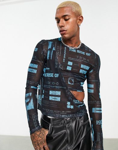 Maglietta a maniche lunghe skinny in rete nera e blu con stampa e cut-out - ASOS DESIGN - Modalova