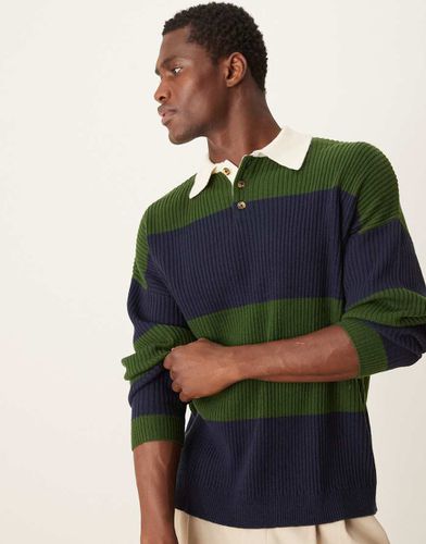 Polo comoda in maglia stile rugby verde e blu navy a righe - ASOS DESIGN - Modalova