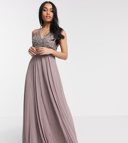 ASOS DESIGN Petite - Vestito lungo con gonna in tulle viola polvere e corpino con decorazione lineare - ASOS Petite - Modalova