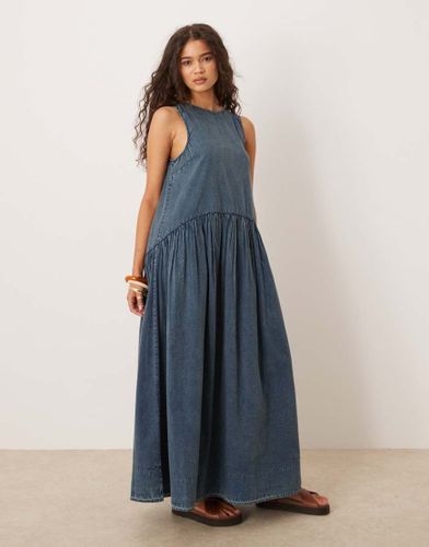 Robe babydoll mi-longue en denim à encolure bateau et taille basse - délavé - Asos Design - Modalova