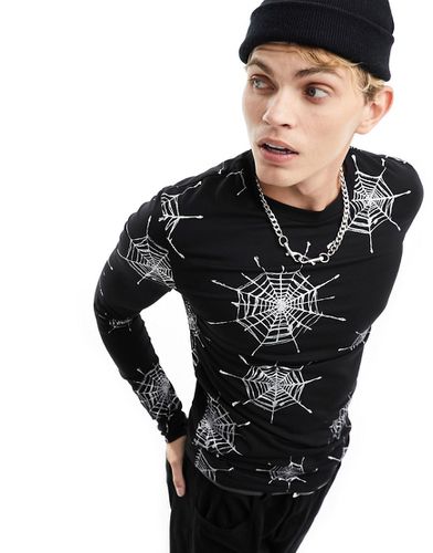 T-shirt attillata a maniche lunghe per Halloween nera con stampa di ragnatela glitterata - ASOS DESIGN - Modalova