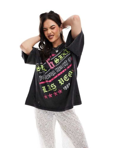 T-shirt boyfriend antracite slavato con stampa "Las Vegas" rosa e verde - ASOS DESIGN - Modalova