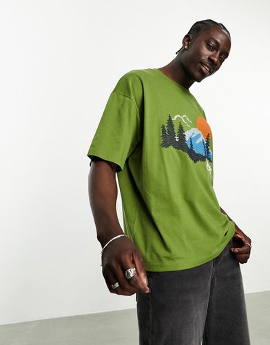 T-shirt comoda color kaki con ricamo di montagna - ASOS DESIGN - Modalova