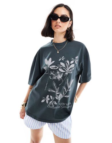 T-shirt oversize antracite slavato con grafica "NY Botanical" - ASOS DESIGN - Modalova