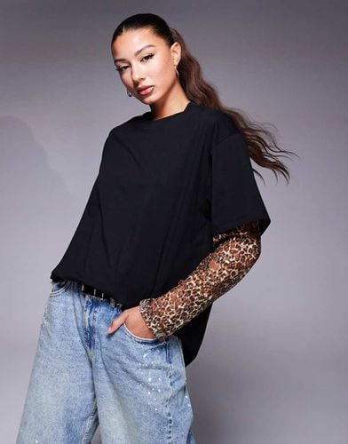 T-shirt oversize nera con maniche in pizzo leopardato - ASOS DESIGN - Modalova