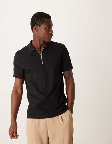 T-shirt polo premium in tessuto interlock 300gsm nera - ASOS DESIGN - Modalova