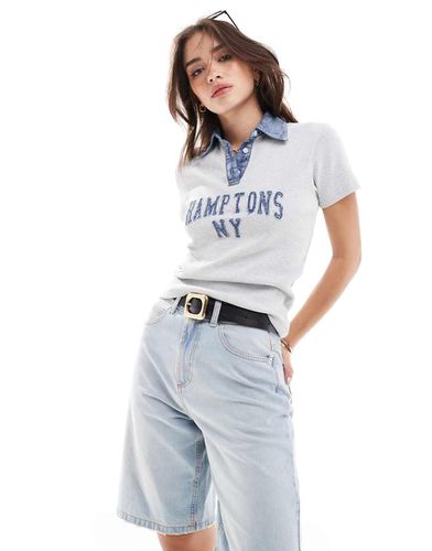 T-shirt stile rugby corta e stretta mélange con applicazione "Hamptons" in denim - ASOS DESIGN - Modalova