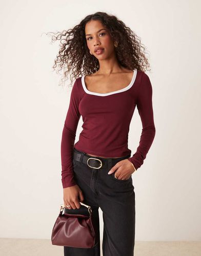 Top a maniche lunghe bordeaux con profili a contrasto e scollo a cuore - ASOS DESIGN - Modalova