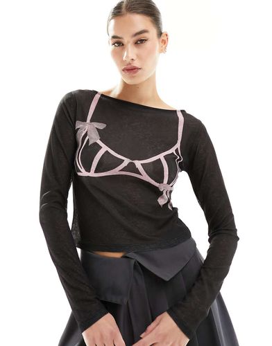 Top in rete con scollo a barchetta e stampa di reggiseno con fiocchi - ASOS DESIGN - Modalova