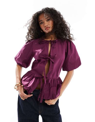 Top punto smock in cotone bordeaux con maniche a sbuffo - ASOS DESIGN - Modalova