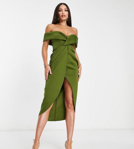 ASOS DESIGN Tall - Vestito midi color oliva con spalle scoperte e incrocio sul davanti - ASOS Tall - Modalova