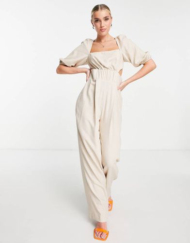 Tuta jumpsuit il lino color pietra con vita arricciata e maniche a sbuffo - ASOS DESIGN - Modalova