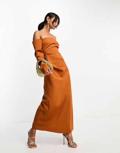 Vestito al polpaccio color ruggine con dettagli arricciati e scollo Bardot - ASOS DESIGN - Modalova