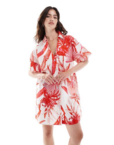 Vestito camicia corto a maniche corte squadrato in lino con stampa tropicale rossa - ASOS DESIGN - Modalova