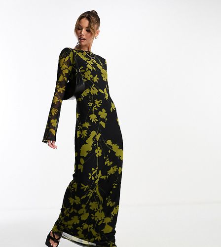 Vestito lungo verde e nero in rete a fiori con schiena scoperta e maniche a pipistrello - ASOS DESIGN - Modalova