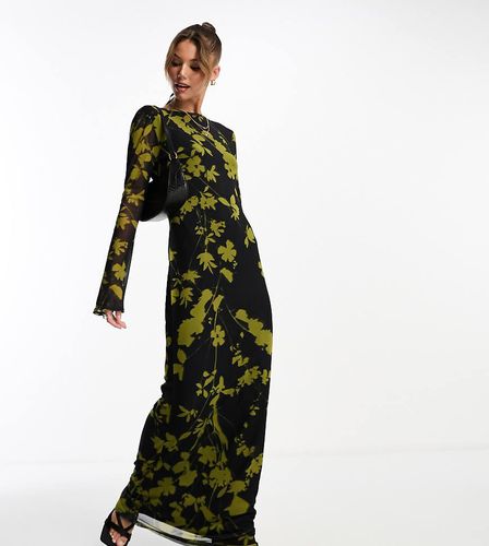 Vestito lungo verde e nero in rete a fiori con schiena scoperta e maniche a pipistrello - ASOS DESIGN - Modalova