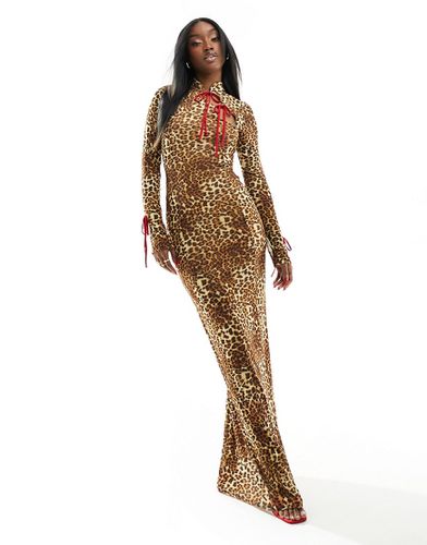 Vestito lungo a maniche lunghe in rete leopardato con fiocchi - ASOS DESIGN - Modalova