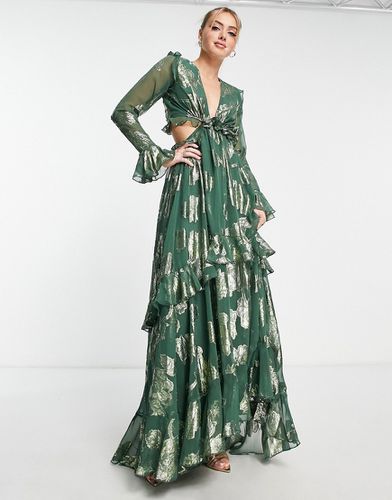 Vestito lungo a balze in jacquard a fiori verde con gonna con volant - ASOS DESIGN - Modalova