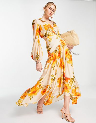 Vestito lungo a balze in voile arancione a fiori con colletto e bottoni - ASOS DESIGN - Modalova