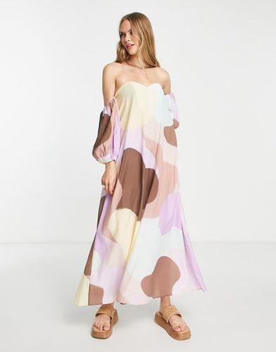 Vestito lungo a trapezio increspato con maniche e stampa astratta - ASOS DESIGN - Modalova