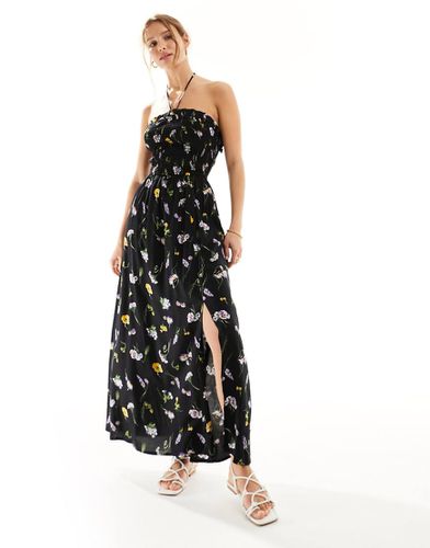 Vestito lungo allacciato al collo arricciato nero a fiori - ASOS DESIGN - Modalova